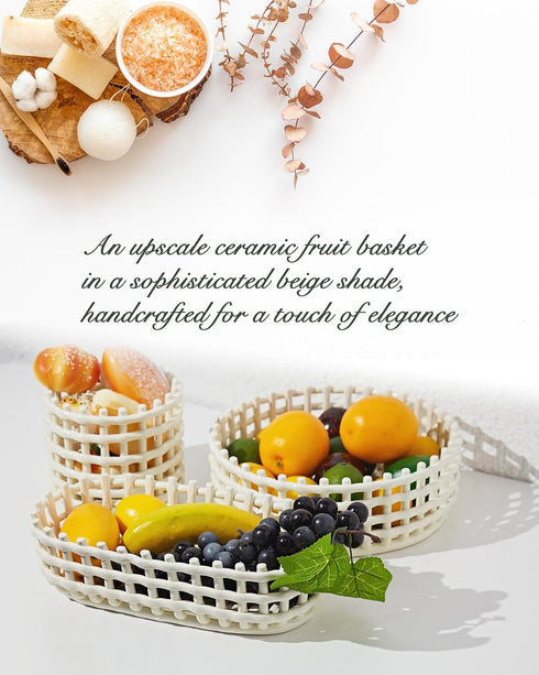 UPWOIGH Large Beige Oval Glazed Ceramic Fruit Basket Bowl, 12.59x6.53x3.54in, Handmade Decorative Storage Organizer for