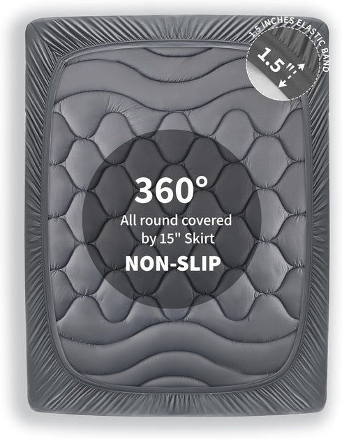 Soft Cooling Quilted Mattress Pad, Fitted Protector with Down Alternative Fill, Deep Pocket, Machine Washable (Grey,