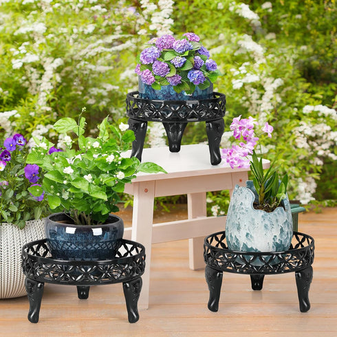 3 Pack Metal Plant Stands Indoor Outdoor, Heavy Duty Iron Flower Pot Stand for Multiple Plants, Rustproof Low Round