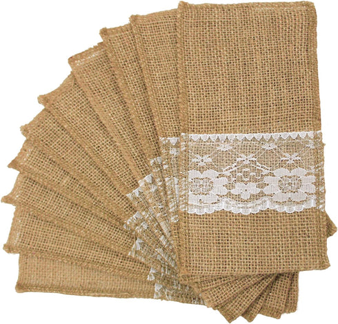FQTANJU 50 PCS Burlap Lace Utensil Cutlery Holders Pouch for Rustic Wedding Party Decorations, 4"x8"