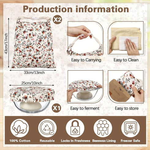 Acellegic (2 13x17in 10in 100% Reusable Beeswax Bread Bags for Homemade Bread Sourdough Pcs Bags + Bowl Cover) Floral
