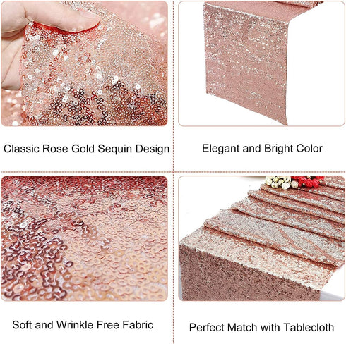 FGSAEOR Rose Gold Tablecloth, 12x108inch Sequins Table Runners and 54x108inch Plastic Table Cloths for Christmas