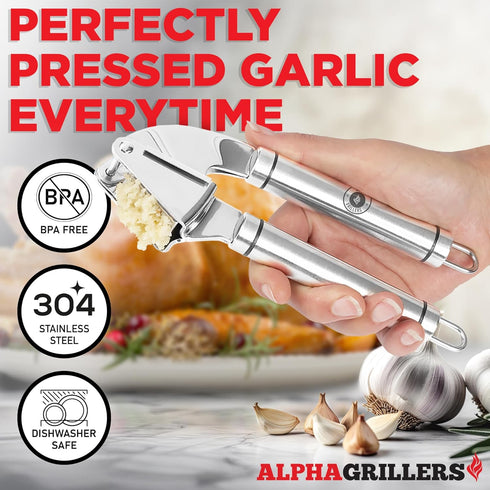 Garlic Press Stainless Steel - Professional Mincer and Crusher with Silicone Peeler, Dishwasher Safe