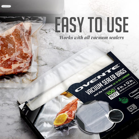 OVENTE Pre-Cut 100 pcs Vacuum Sealer Bags 8” x 12” - Heavy Duty, BPA-Free for Airtight Food Storage, Meal Prep, Sous
