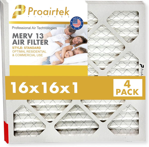 Proairtek AF16161M13SWH Model 16x16x1 Air Filters, Pack of 4, MERV 13 for Clean Air, Captures Microscopic Particles
