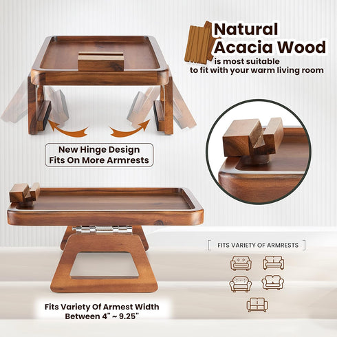 Drink(13.8" 9.5" 1") Tinamo Acacia Wood Sofa Armrest Tray with Phone Holder - Large Sofa Arm Tray Table Clip - Couch