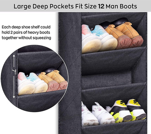 SLEEPING LAMB Over The Door Shoe Organizer with Large Deep Pockets, Narrow Rack for Hanging Boots Storage, Black