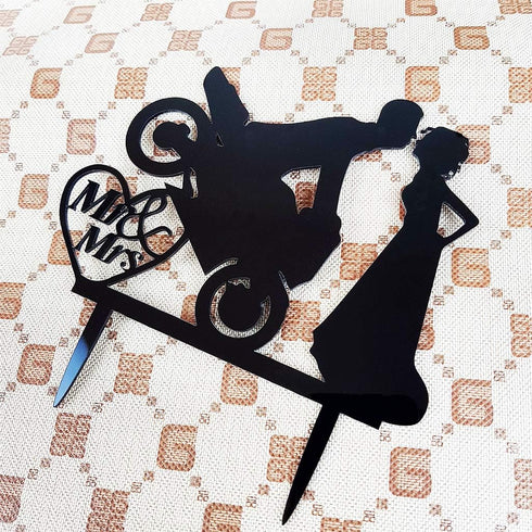 Motorcycle Funny Wedding Cake Topper - Mr & Mrs, Bride Groom with Motorbike (Black Acrylic)
