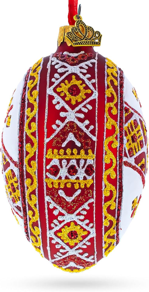Red Stripe Ukrainian Pysanka Glass Egg Ornament, 4 Inches