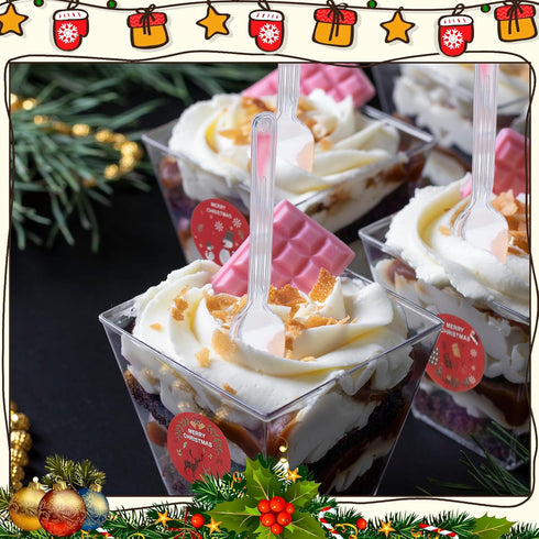 LemonRoad 50 Pack 5 oz 500 Stickers(8 3 Plastic Dessert Cups with Lids and Spoons, Round Designs), Rolls Curling Ribbon