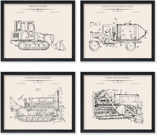 Poster Master 4-Piece Vintage Construction Blueprint Poster - Bulldozer Patent Print -