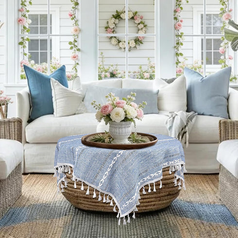 36''x36'', Summer Small Blue Square Tablecloth Spring Dusty Blue and White Linen Coffee Table Cover, Boho Nightstand