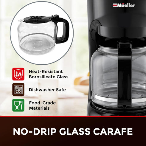 Mueller 12-Cup Drip Coffee Maker with Borosilicate Carafe, Auto-Off, Reusable Filter, and Keep-Warm Function