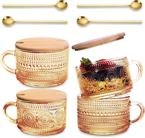 Ollieroo 4pcs Coffee Cups,Vintage Coffee Mugs, Overnight Oats Containers with Lids and