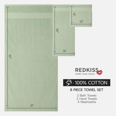 Set 8-100% Set 600 2 2 4 REDKISS Green Towel of Cotton Luxury Bath Towels for Bathroom, GSM Highly Absorbent Bathroom