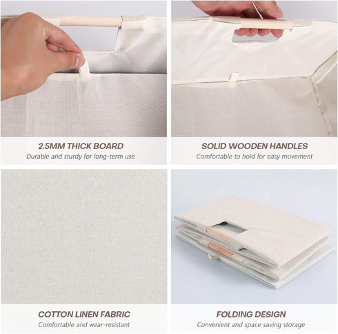 Fabric Storage Bin Box - Foldable Cotton Linen Basket with Wooden Handles for Home Laundry Organizer