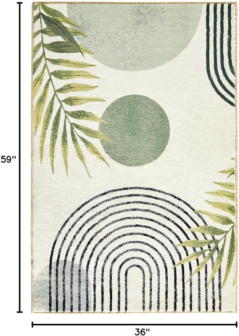 RoomTalks 3x5 Boho Green Cute Small Area Rugs Washable, Modern Abstract Geometric Shape with Tropical Leaves Non Slip