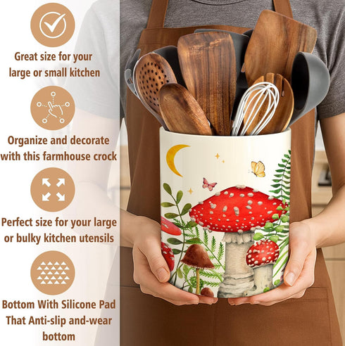 Hexagram Mushroom Decor Utensil Holder, Mushroom Kitchen Decor Ceramic Utensil Holder for Farmhouse Indoor Kitchen