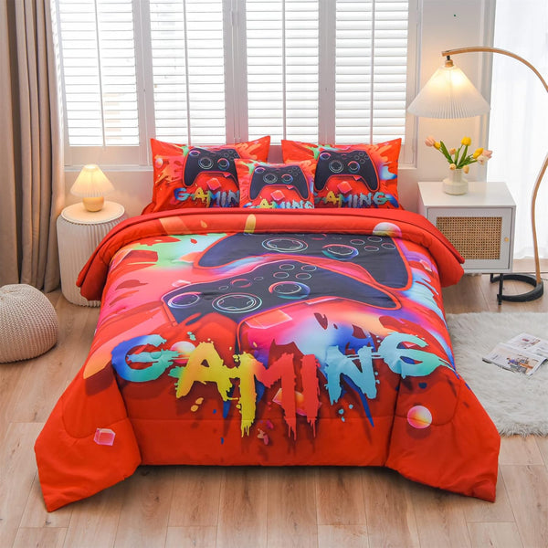 Aimuan Gamer 3D Gamepad Comforter Sets for Boys, Colorful Game Controller Quilt Set, Modern Room Decor (Red, Full 6PCS)