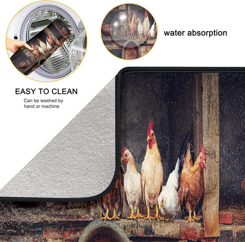 Dish Drying Mat for Kitchen Counter, 24 x 18 In Absorbent Microfiber Roosters Hens Chickens Farm Dish Drainer Mats