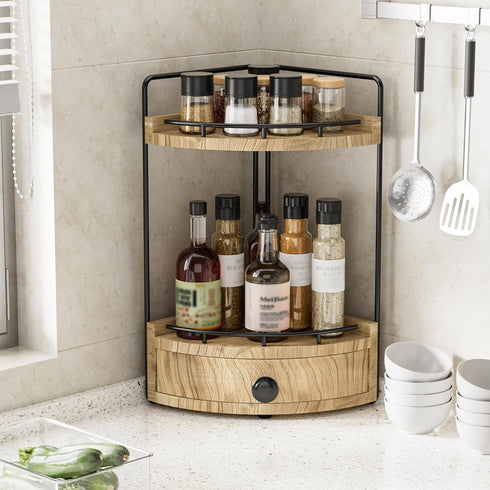 Aollewoiti 2-Tier Counter Countertop Counter Corner Bathroom Organizer with Drawer & Embedded Screw Holes - Wooden
