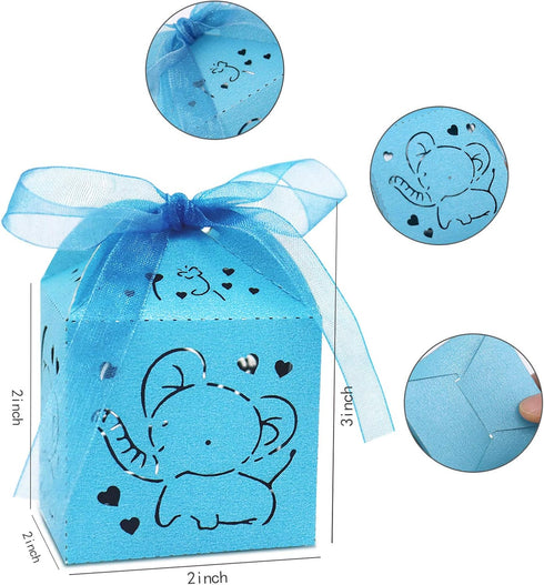 Kslong Blue Baby Shower Favor Boxes - 50Pcs Elephant Favor Boxes for Baby Boy with Ribbon for Party Decorations