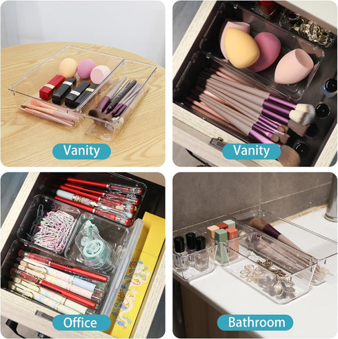 6 Pack Clear Plastic Drawer Organizer Set, Desk Drawer Storage Bins, Clear Organizer Tray