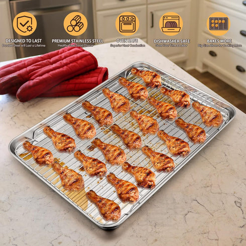 E-far Cookie Sheet with Rack Set, Half Sheet Baking Pan, 18”x13” Stainless Steel Tray with Wire Cooling Rack for