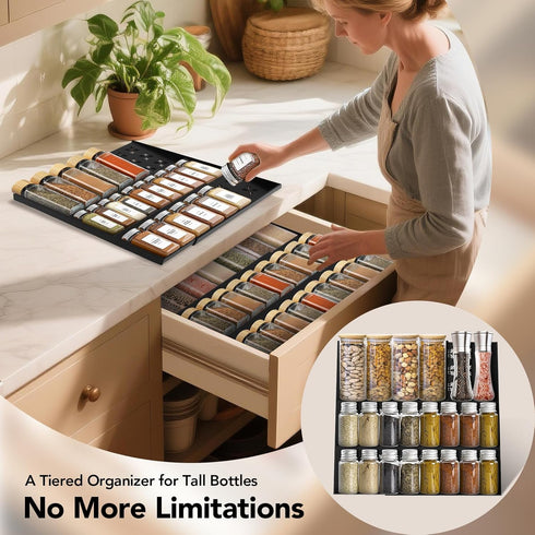 Idcymoul 3-Tier (11"-22" Spice Drawer Organizer Expandable Wide), Spice Rack for Cabinet with Funnel & Spice Labels