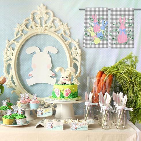 Qilerongrong Set 2 18x26 Inch Bunny Eucalyptus Easter Kitchen Dish Towels, Buffalo Plaid Cute Rabbit Dish Towel