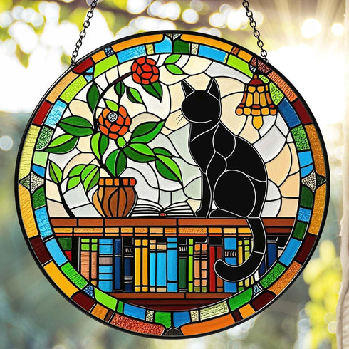 RVEAFA Cat Sun Catcher Stained Glass Window Hanging 9.8'', Book Lover Gifts for