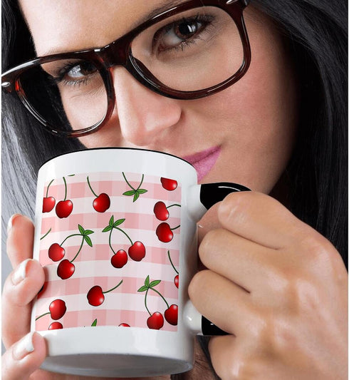 3dRose Juicy Red Cherries on Pink Check-Two Tone Black Mug, 11-Ounce, Multicolored