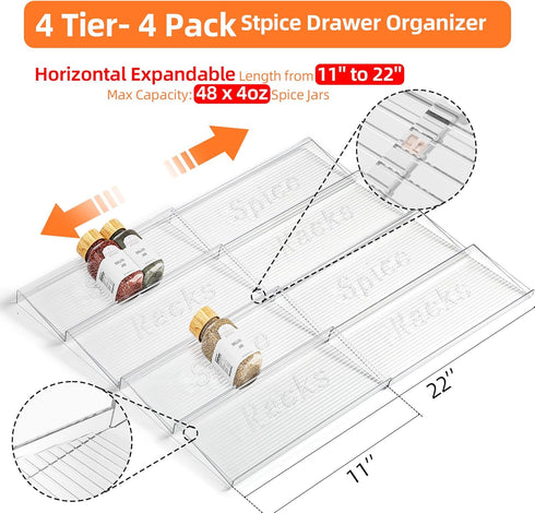 Spice Drawer Organizer, 4 Tier- 4 Pack Clear Acrylic Drawer Seasoning Organizer, Expandable From 11'' to 22'' Kitchen Spice Rack Organizers and Storage for Drawer (Jars not included) by PanPanPal