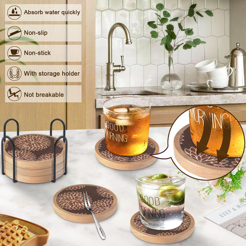Cewiru Set 6 4.3" Wood Coasters of with Holder, Cup Mat for Drinks, Absorbent Coasters with Felt Insert for Coffee