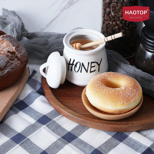 HAOTOP Porcelain Small Honey Jar with Lid and Honey Dipper, 12oz (White)