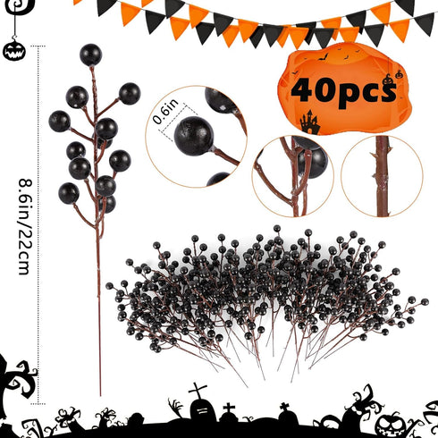 40 (40, Rowfad Pcs Artificial Berry Stems Branches, Halloween Black Faux Holly Berries Picks Ornaments for Christmas