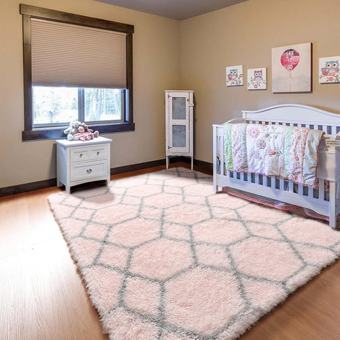 Moroccan Area Rug 4x6, Fluffy Pink and Grey Trellis Shaggy Rug for Girls Bedroom, Soft Plush Carpet for Living Room