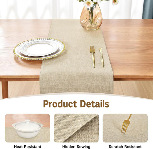 60 inches 13x60 Inch Farmhouse Rustic Table Runner Beige Faux Linen Double Layer Table Runners Thick Reversible Table