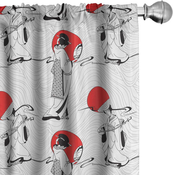 Ambesonne East Curtains, Japanese Geisha Girl with Traditional Kimono Illustration, 2 Panel Set for Living Room, 28" x
