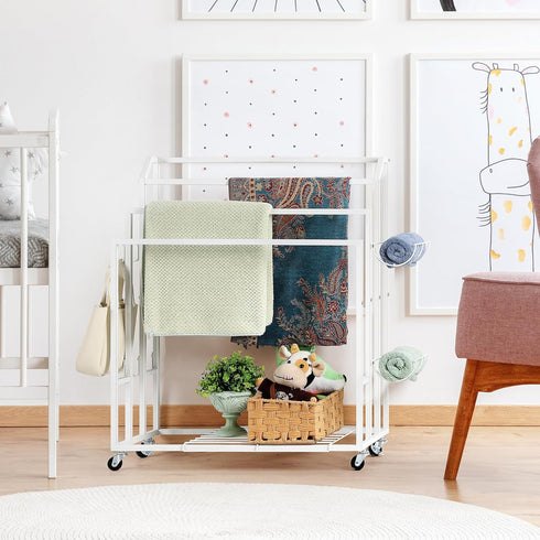 6 Freestanding Towel Rack for Bathroom Rolling Towel Storage Cart On Wheels Blanket Ladder with Shelf & Hooks, Outddoor