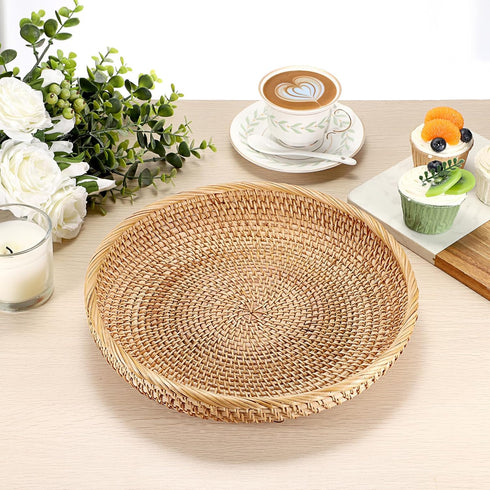 Hipiwe 11.8" Round Key Basket Bowl for Entryway Table, Large Rattan Tray Decorative Ottoman Trays Centerpiece