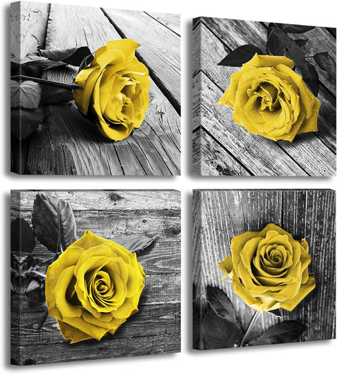 Yellow Decor Canvas Wall Art - Valentine Decorations for Home, Rose Flowers Pictures for Living Room Office Décor