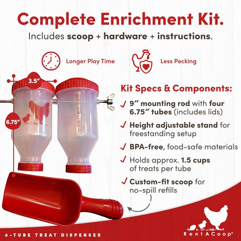 4 RentACoop Chicken Treat Tube Dispenser Multi-Treat Enrichment Toy and Boredom Buster for Chickens, Easy Top-Fill