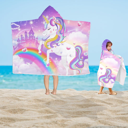 FUTBU 30x50, Unicorn Hooded Beach Towel, Unicorn Kids Hooded Poncho Towel for Girls, Cute Cartoon Soft Absorbent Bath