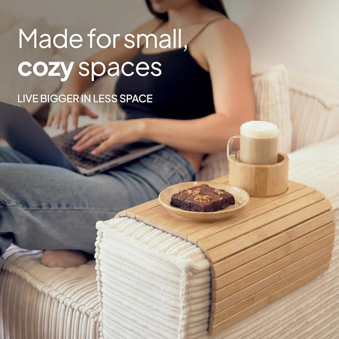 THE LAZY STORE Bamboo Couch Arm Tray for Drinks and Snacks with Detachable Cup Holder and Anti Slip Base, Foldable Sofa