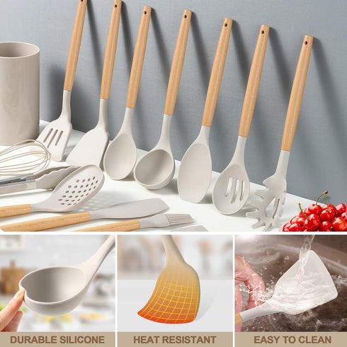 LIANYU 15-Piece Kitchen Cooking Utensils Set with Holder, Silicone Kitchen Tools Include Spatula Tong Slotted Spoon Turner Whisk Brush, Wooden Handle Kitchen Gadgets for Nonstick Cookware, Khaki by LIANYU
