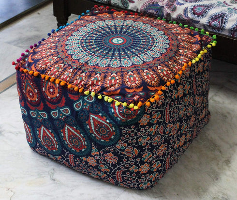 20X20X14 inches, CRAFT KALA Indian Square Patchwork Traditional Pouf Cover Indian Living Room Poufs Cover Decorative