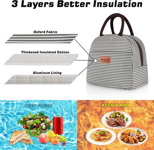 BALORAY Insulated Lunch Bag for Women Men, Reusable Lunch Tote for Work, Picnic, Travel, Black White Stripes