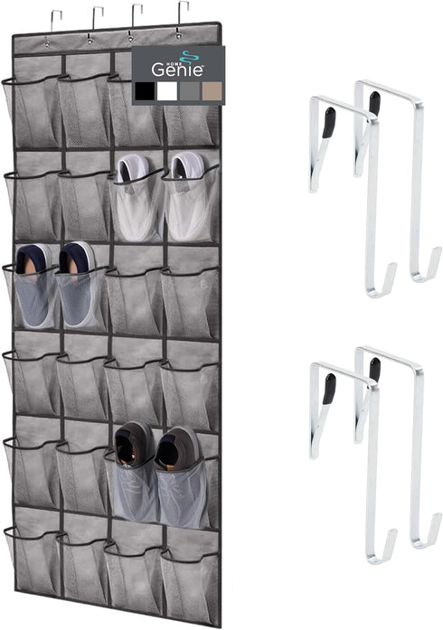 HOME GENIE 24 Pocket Strong Over Door Shoe Organizer, Holds Up to 40 Pounds, Large Breathable Mesh Pocket (Gray)