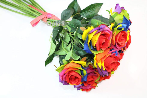 Ooki 12 Long Stem Artificial Silk Rainbow Rose Flower Bush Bouquet for Home Decor